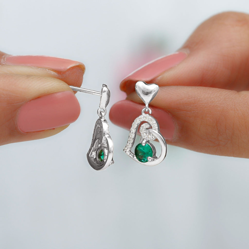 Lab Created Emerald Heart Drop Earrings with Diamonds