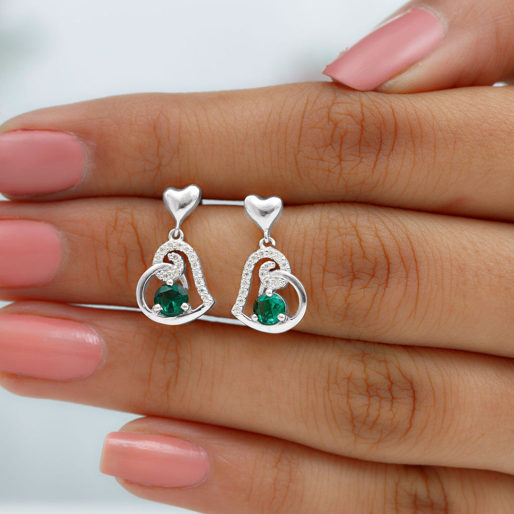 Lab Created Emerald Heart Drop Earrings with Diamonds