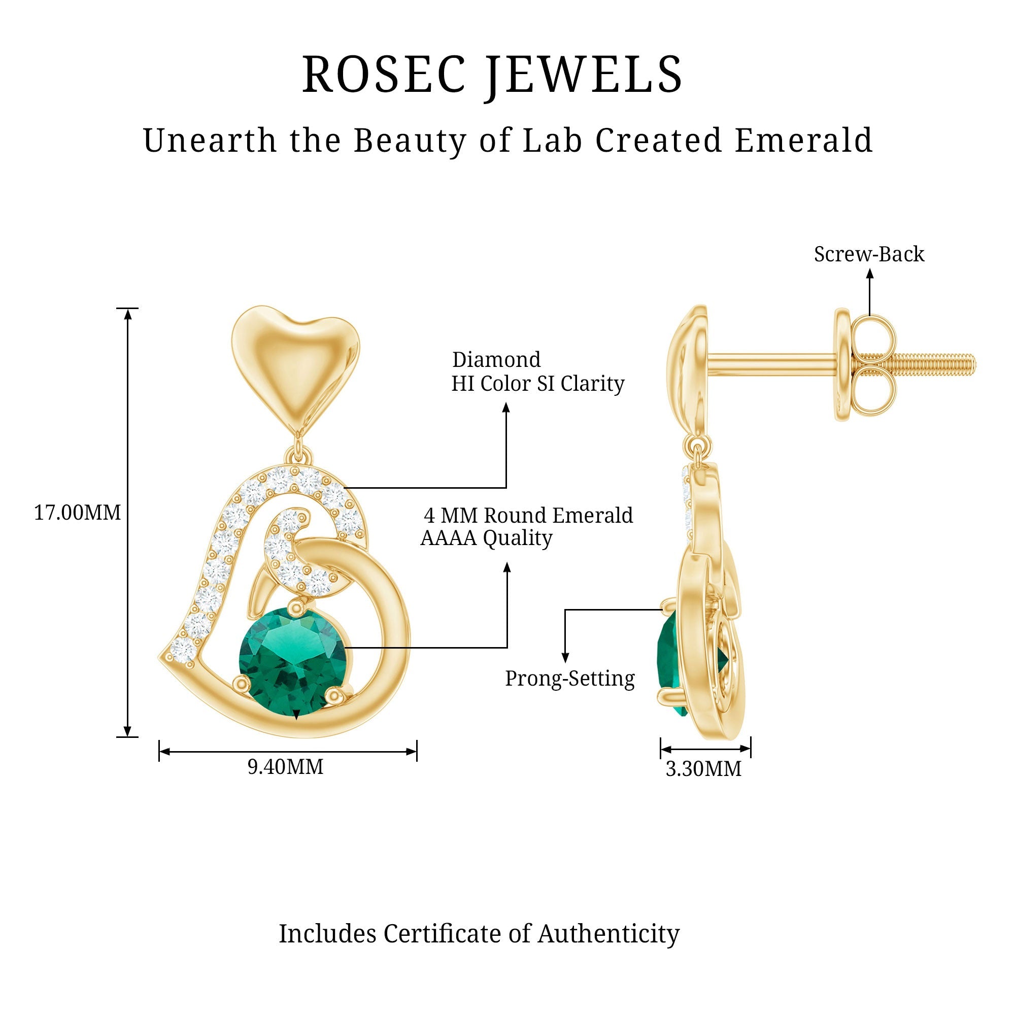 Lab Created Emerald Heart Drop Earrings with Diamonds