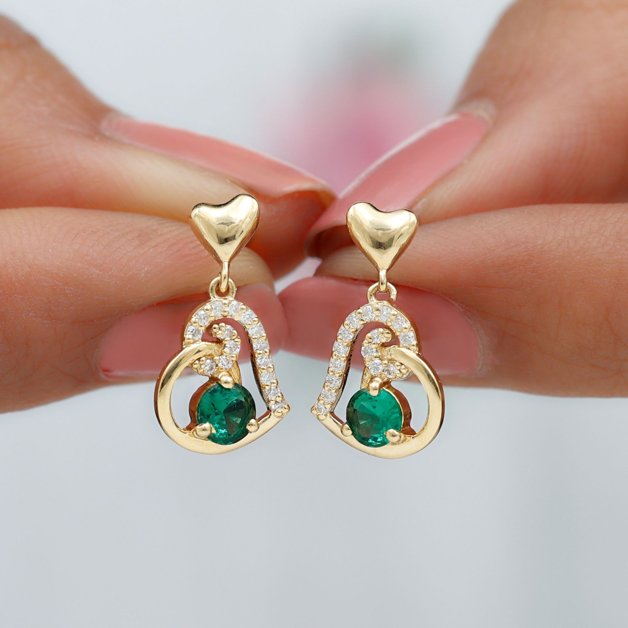 Lab Created Emerald Heart Drop Earrings with Diamonds