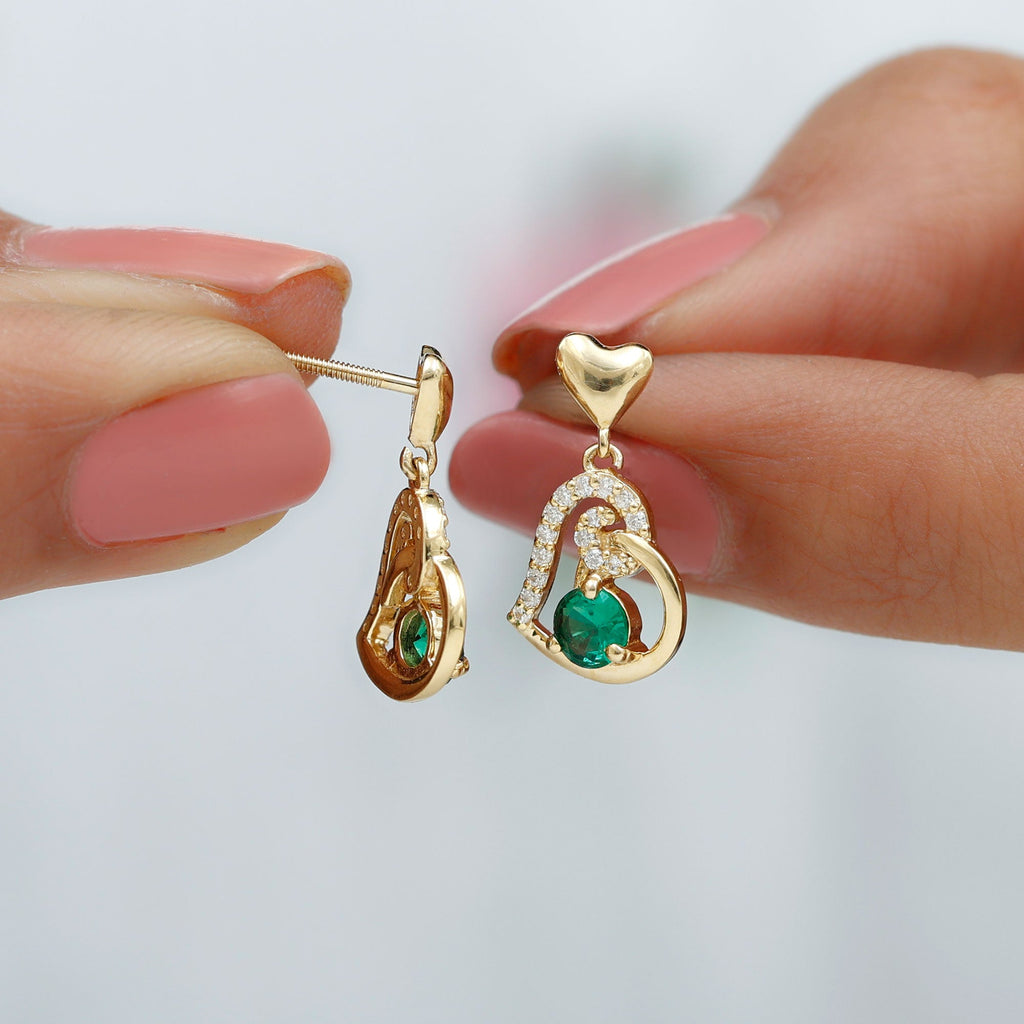 Lab Created Emerald Heart Drop Earrings with Diamonds