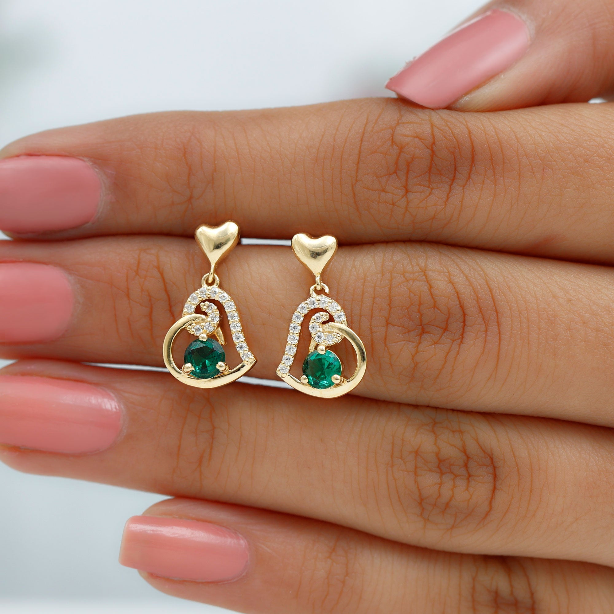 Lab Created Emerald Heart Drop Earrings with Diamonds