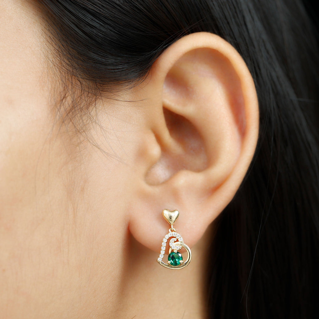 Lab Created Emerald Heart Drop Earrings with Diamonds