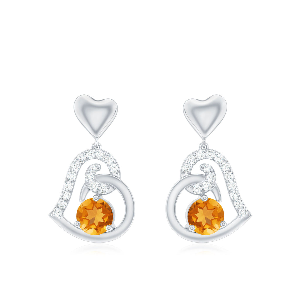 Round Citrine and Moissanite Accent Heart Drop Earring