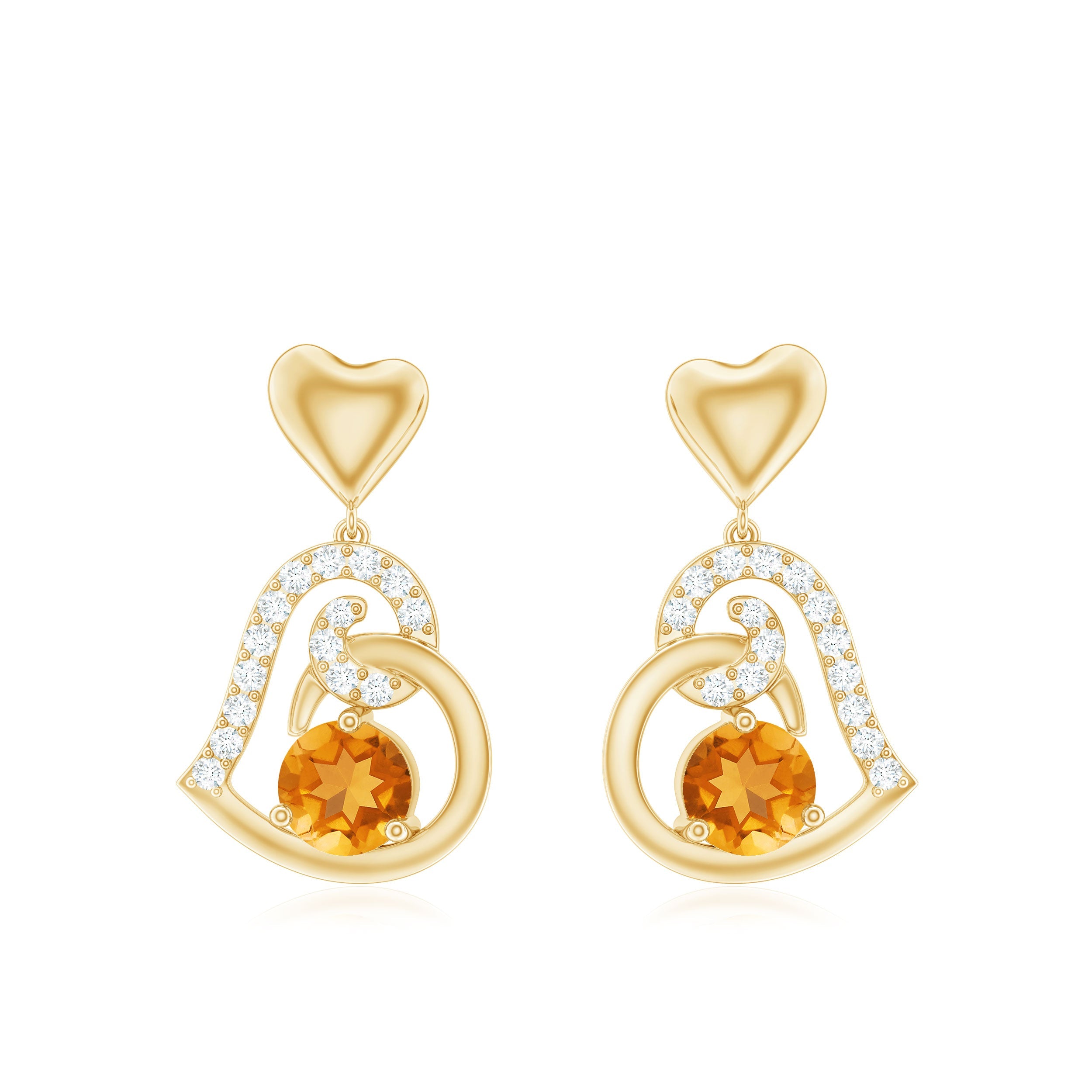 Round Citrine and Moissanite Accent Heart Drop Earring