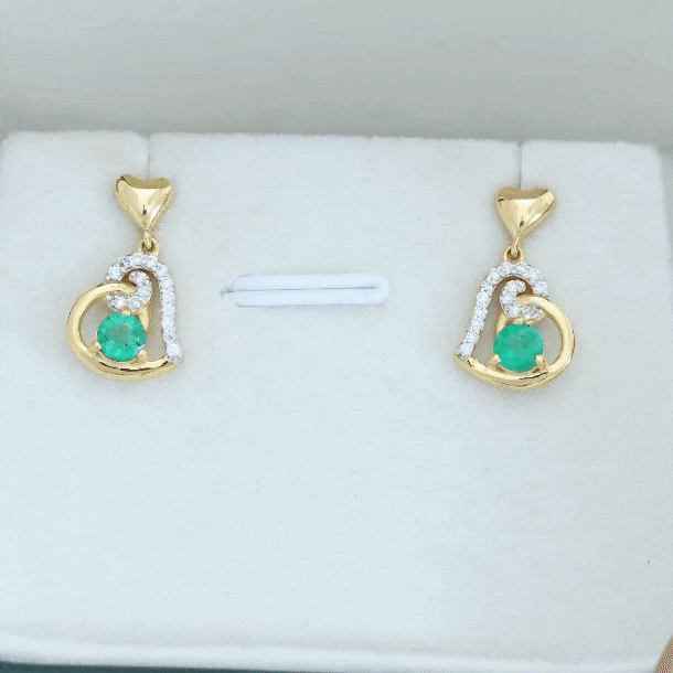 1 Carat Round Emerald and Diamond Heart Drop Earrings