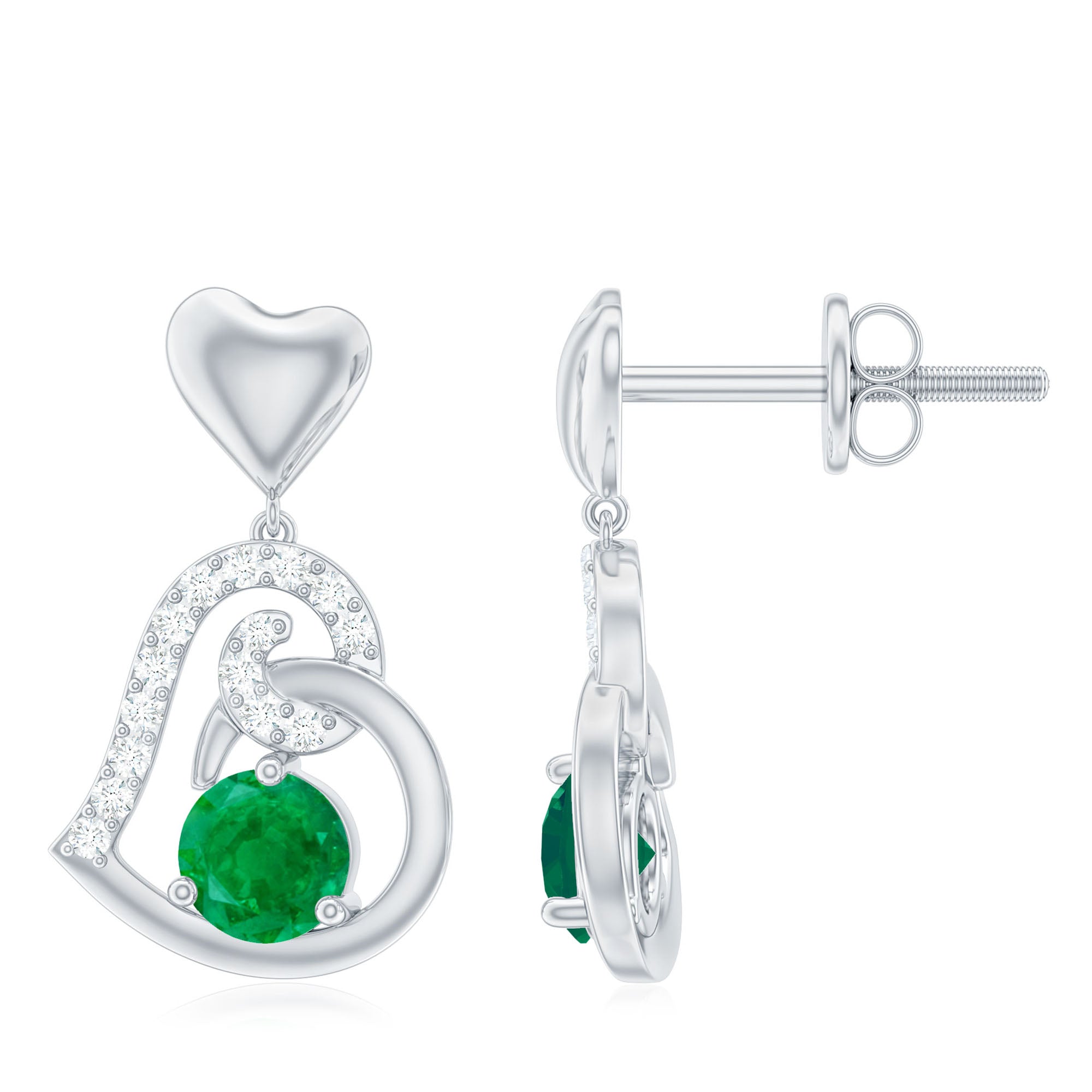 1 Carat Round Emerald and Diamond Heart Drop Earrings