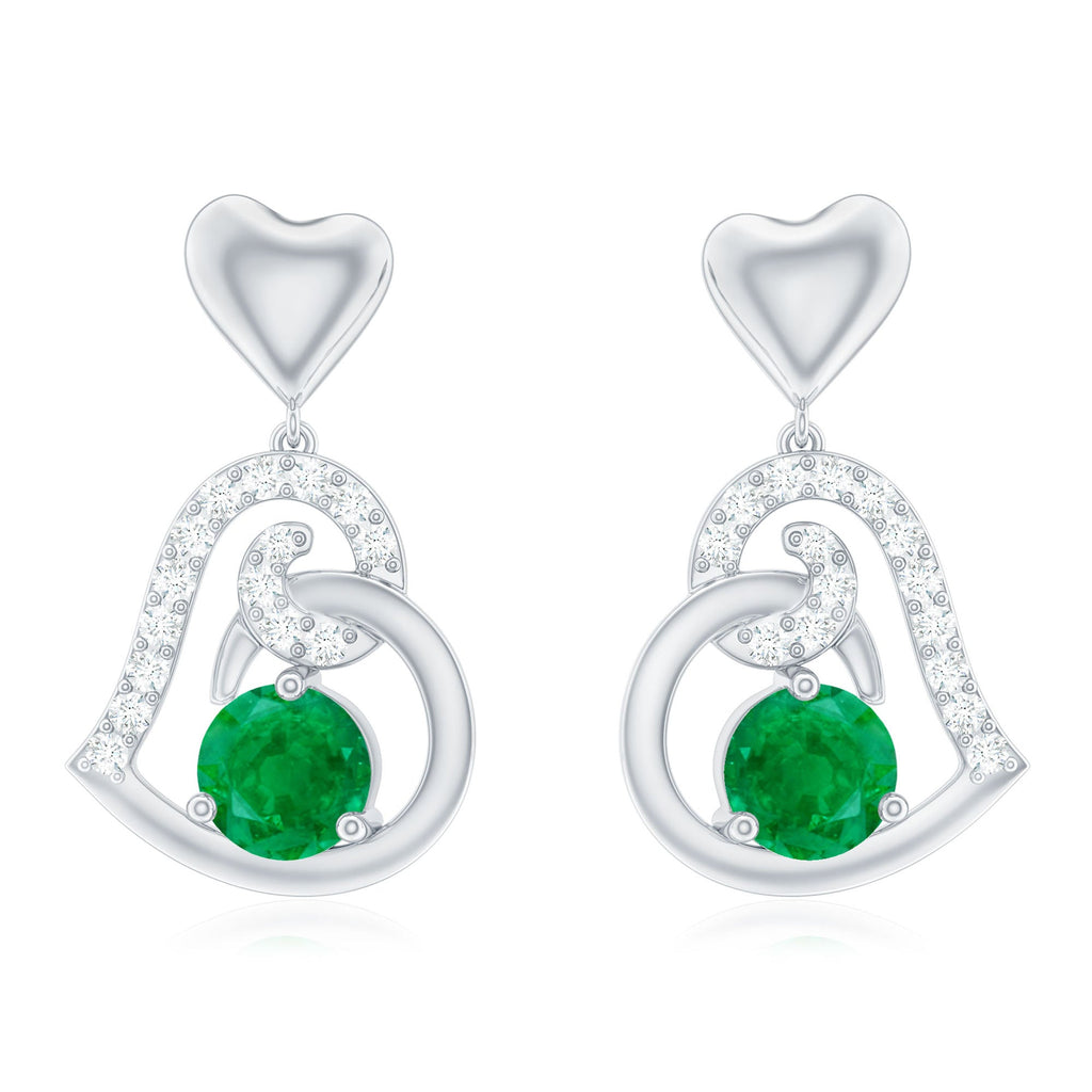 1 Carat Round Emerald and Diamond Heart Drop Earrings