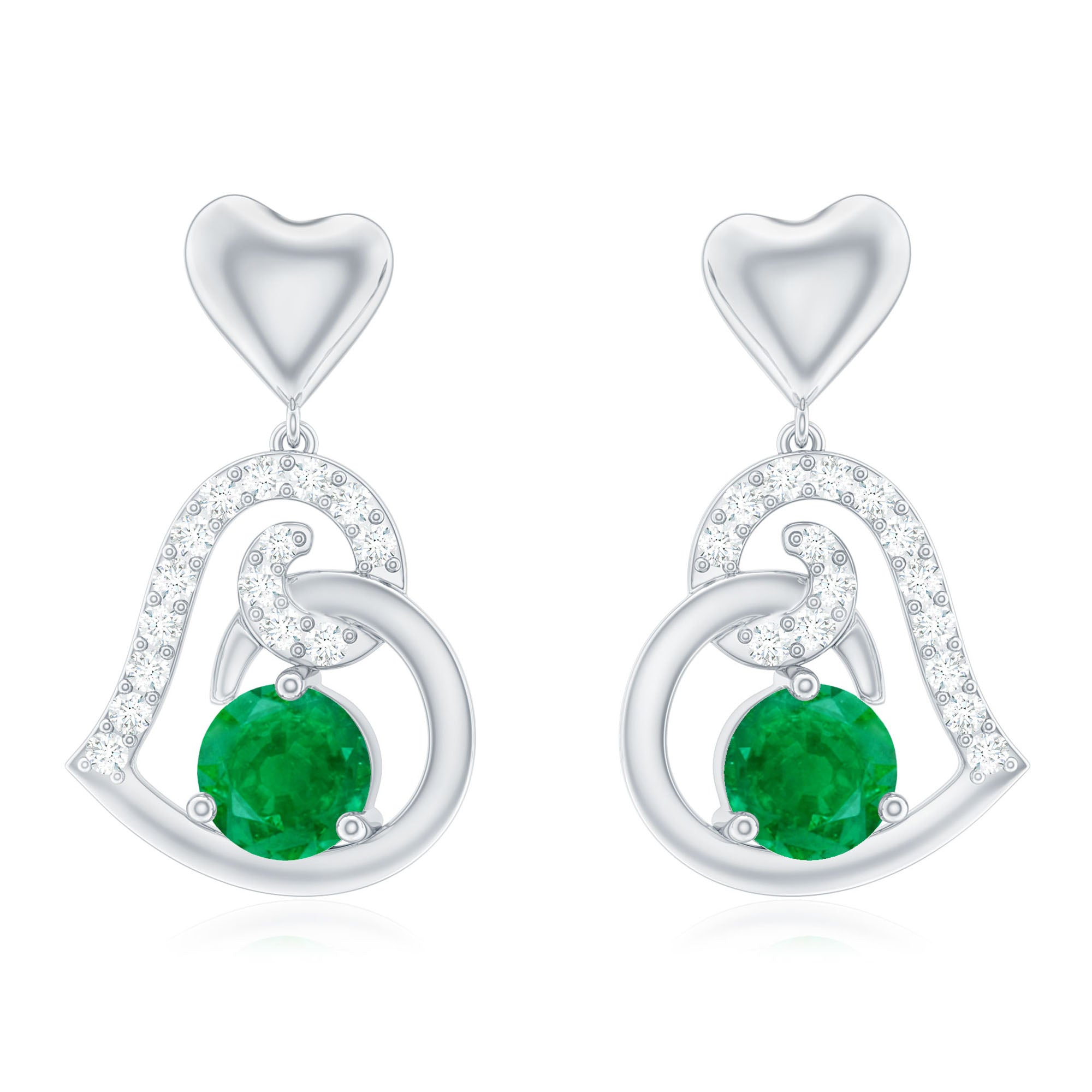 1 Carat Round Emerald and Diamond Heart Drop Earrings