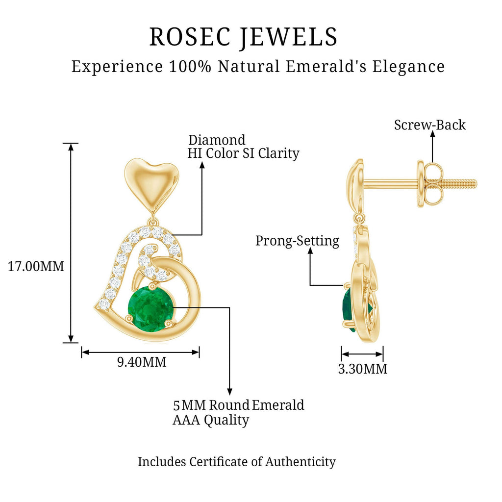 1 Carat Round Emerald and Diamond Heart Drop Earrings