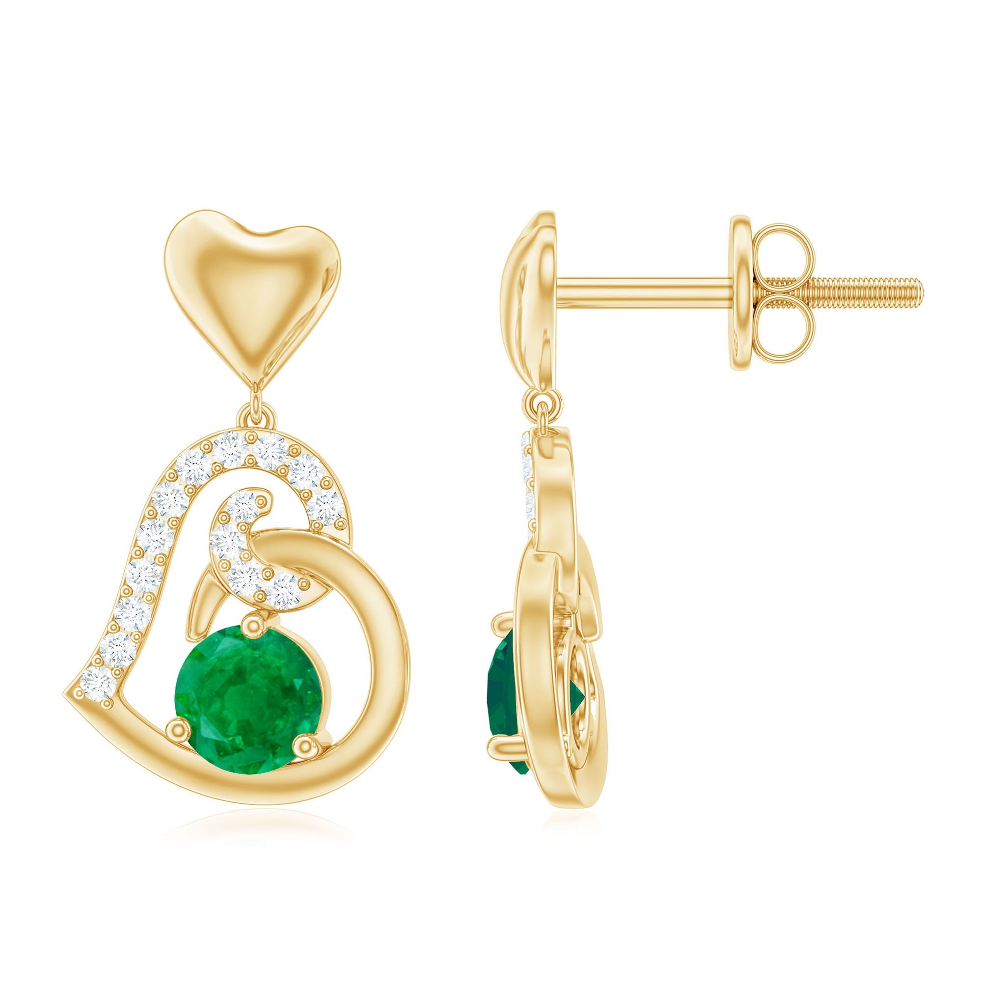 1 Carat Round Emerald and Diamond Heart Drop Earrings