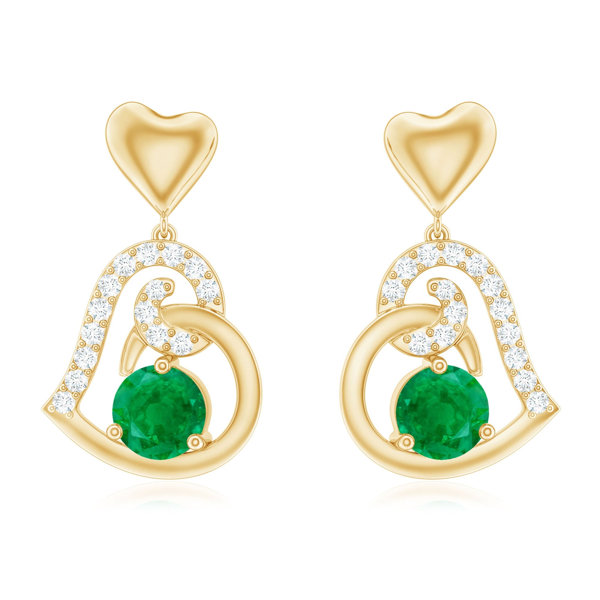 1 Carat Round Emerald and Diamond Heart Drop Earrings