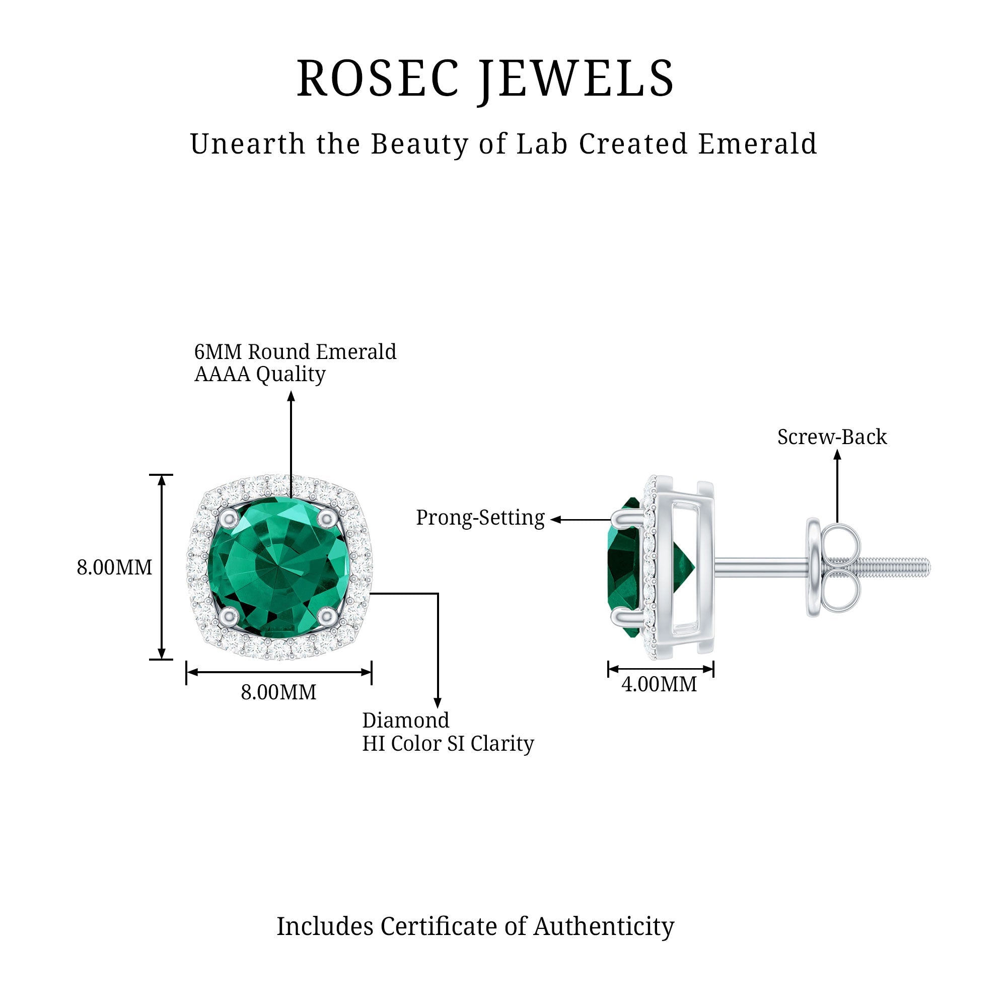 6 MM Lab Grown Emerald Stud Earrings with Diamond Halo
