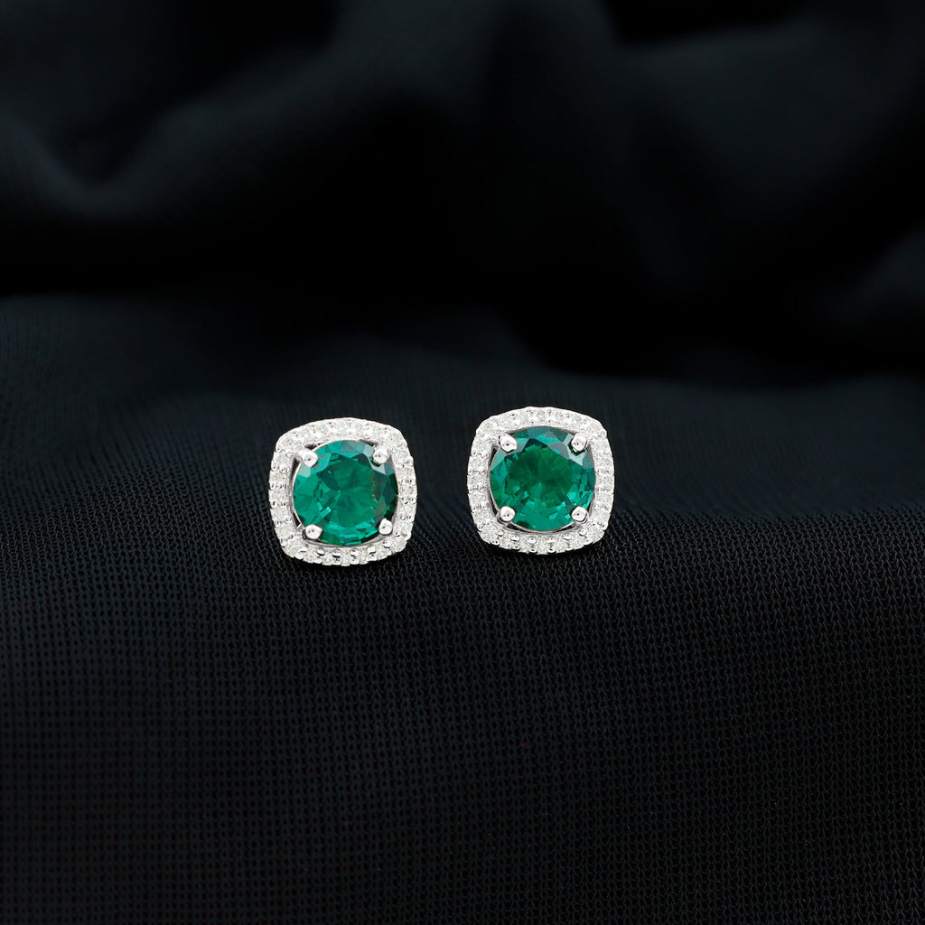 6 MM Lab Grown Emerald Stud Earrings with Diamond Halo