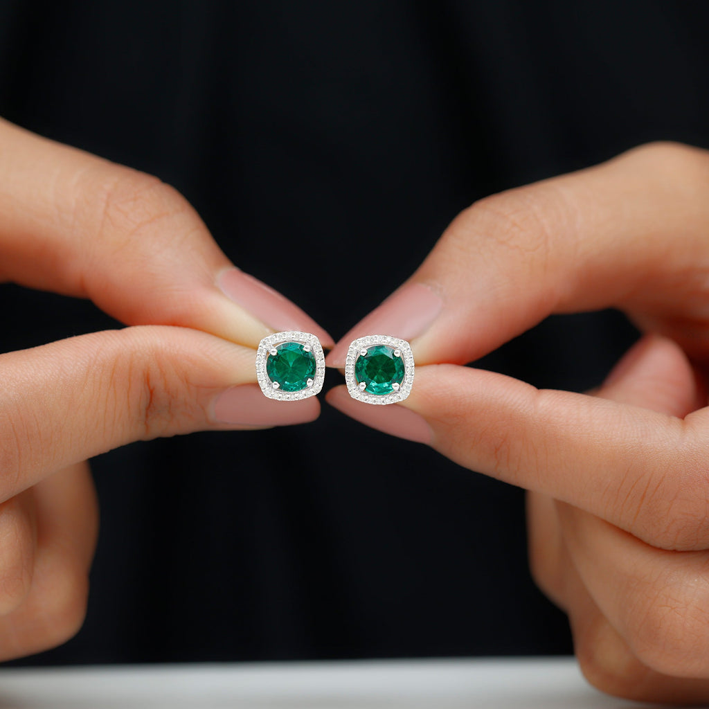 6 MM Lab Grown Emerald Stud Earrings with Diamond Halo