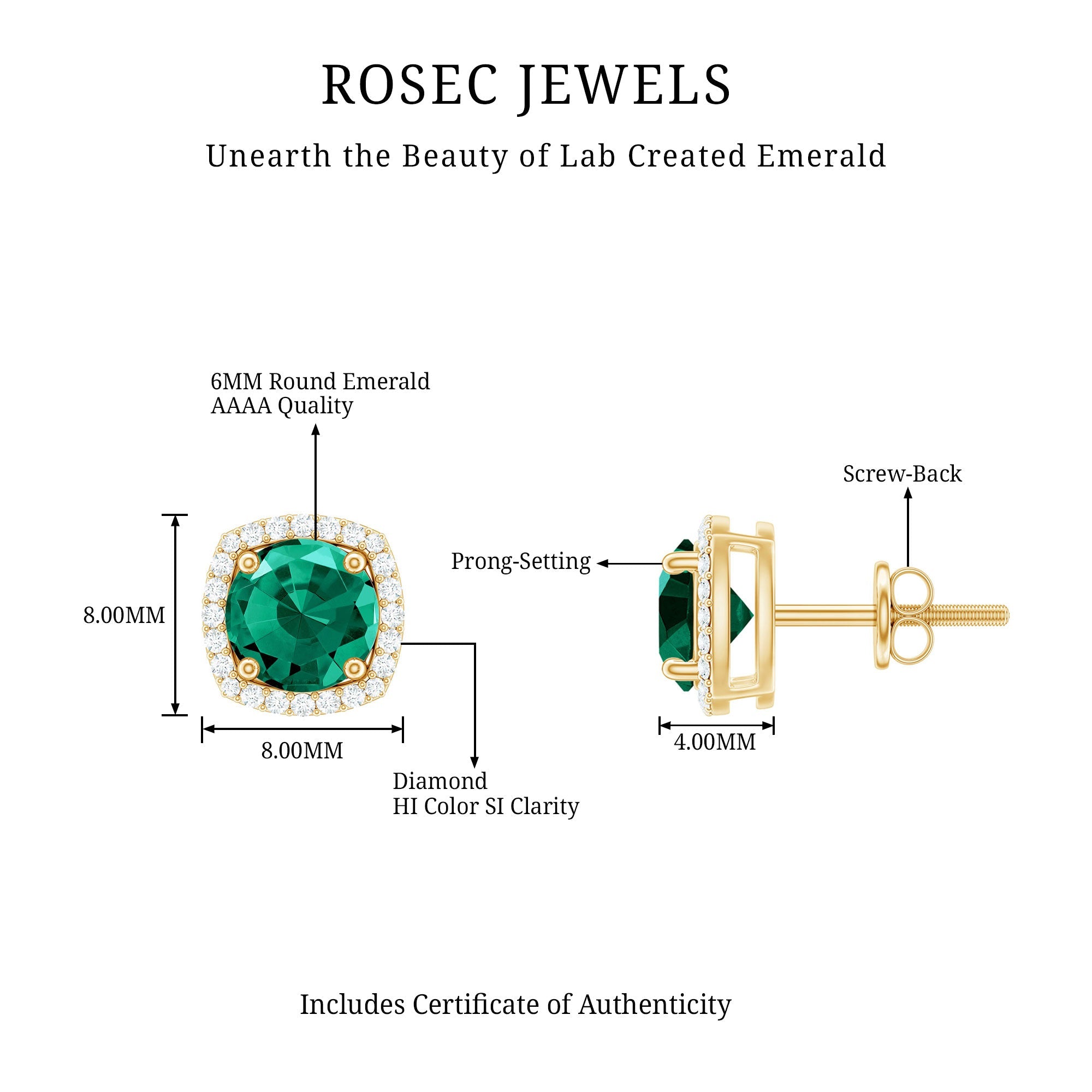 6 MM Lab Grown Emerald Stud Earrings with Diamond Halo