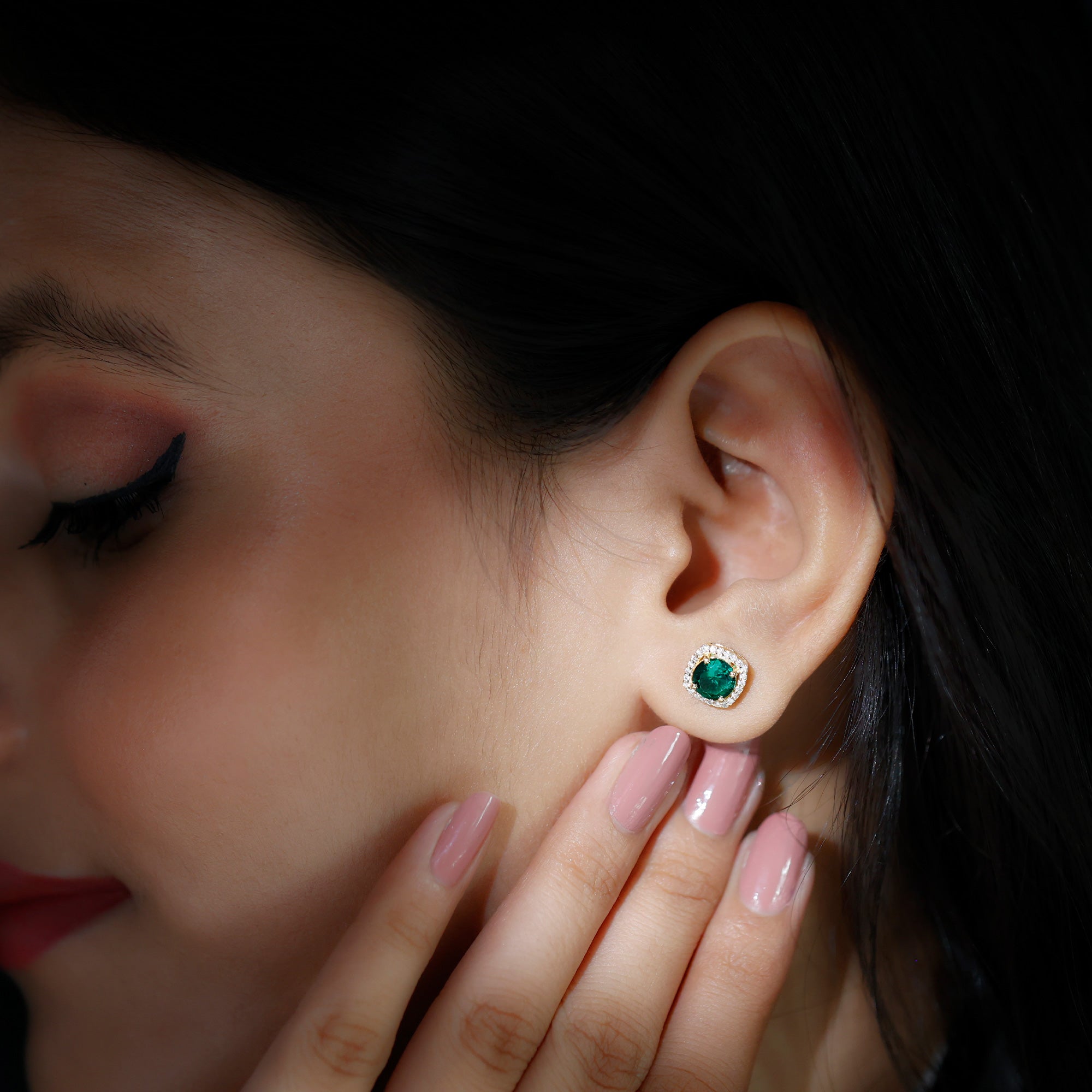6 MM Lab Grown Emerald Stud Earrings with Diamond Halo