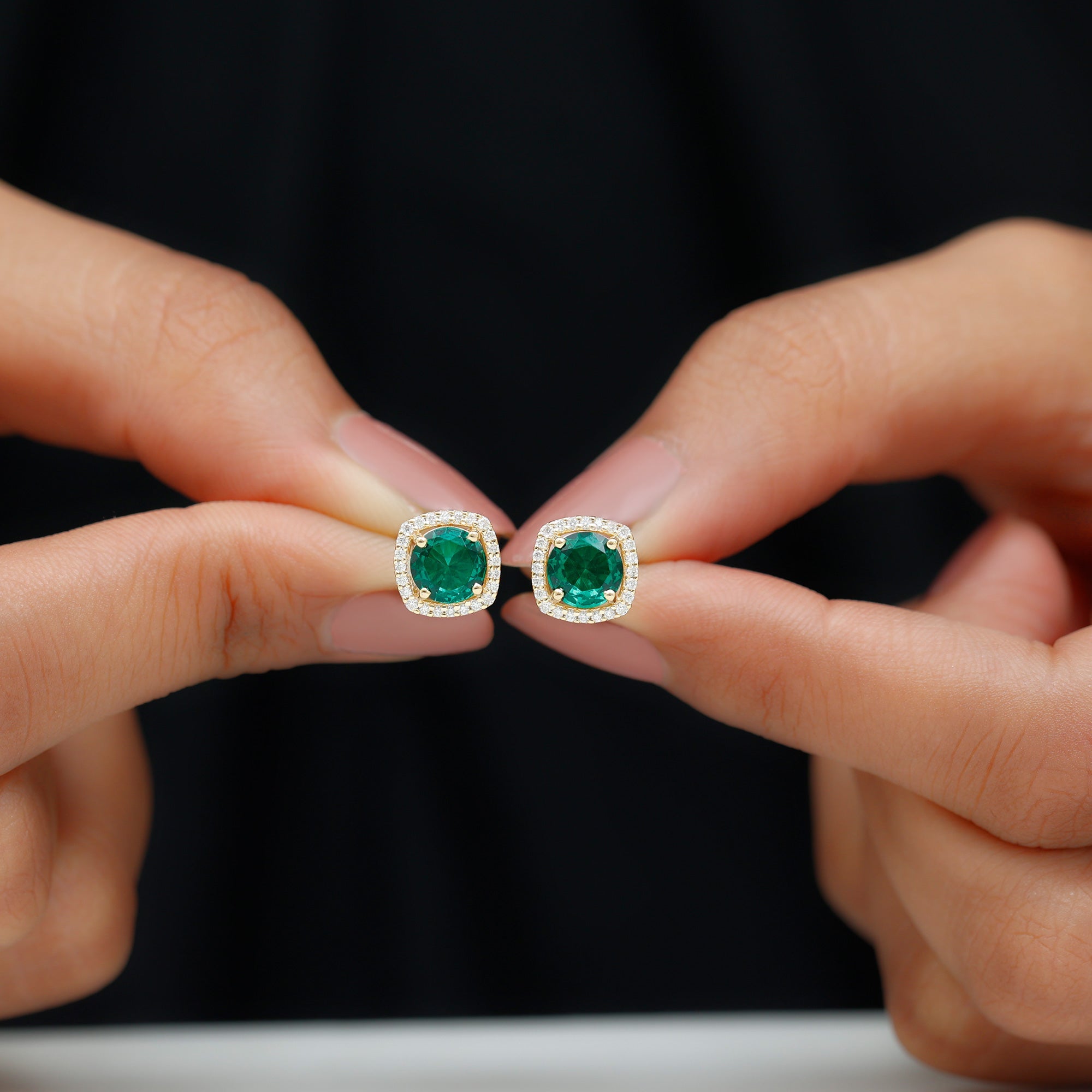 6 MM Lab Grown Emerald Stud Earrings with Diamond Halo