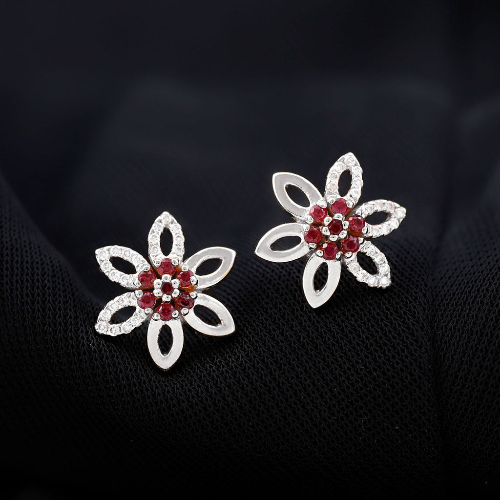 Natural Ruby Floral Stud Earrings with Diamond Stones