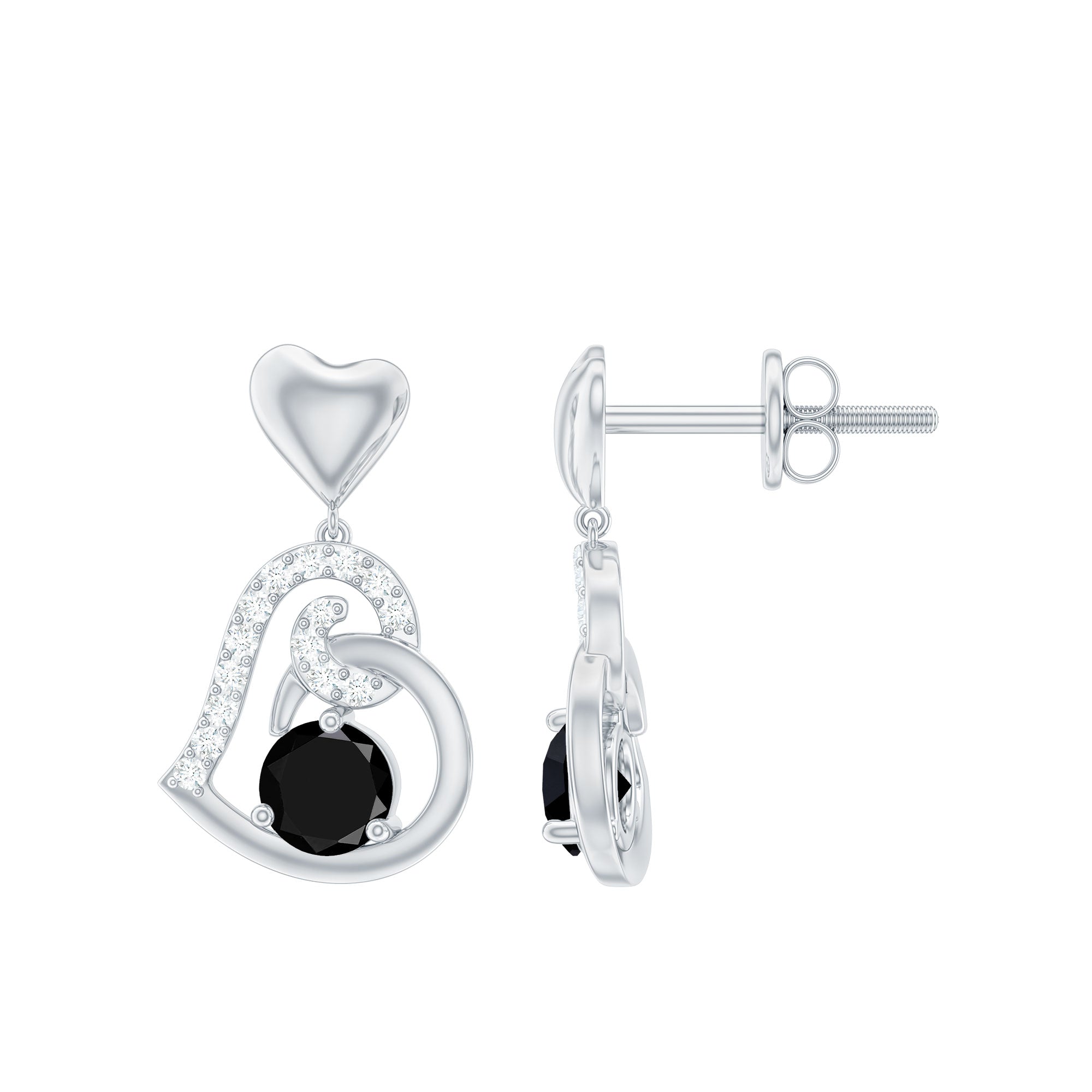 Genuine Black Onyx Heart Drop Earrings with Diamond