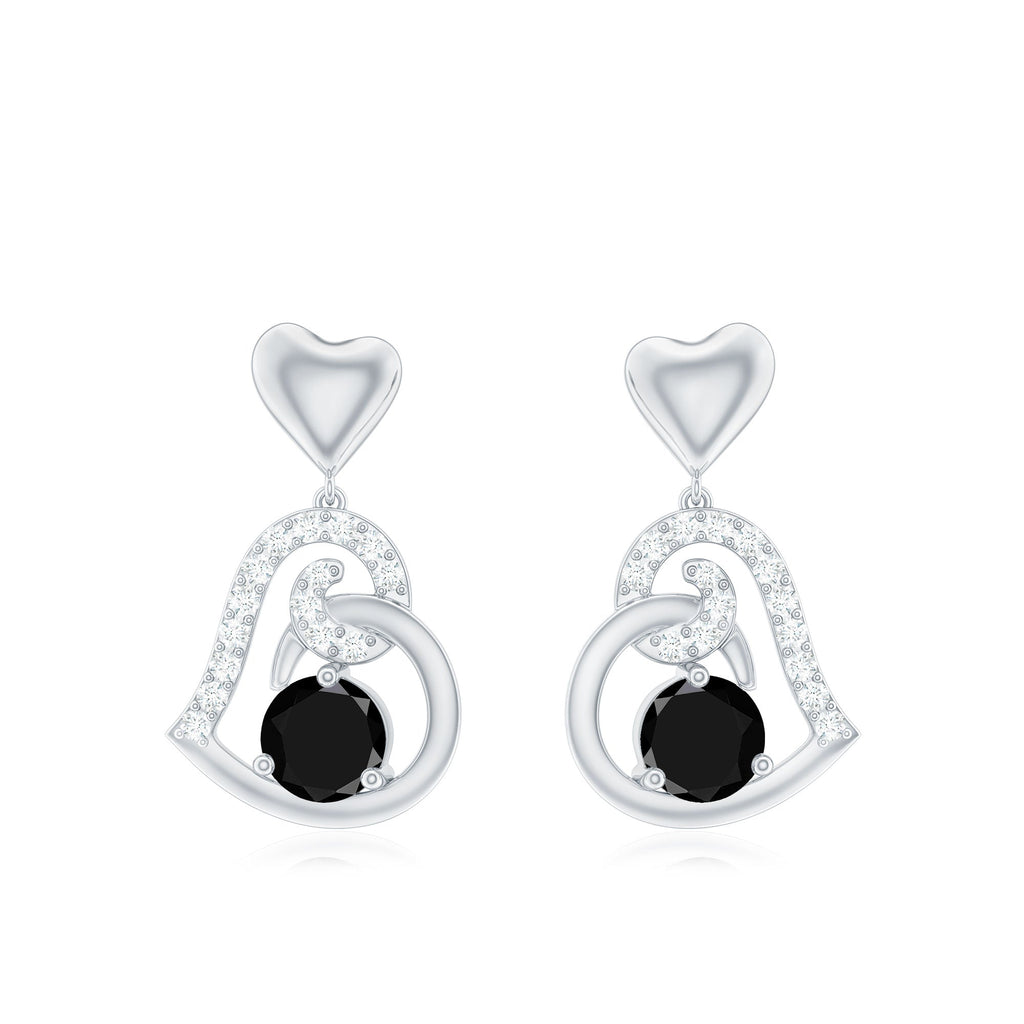 Genuine Black Onyx Heart Drop Earrings with Diamond