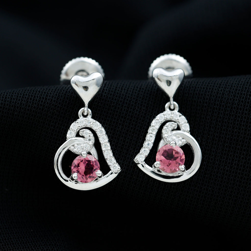 Real Pink Tourmaline and Diamond Heart Drop Earrings