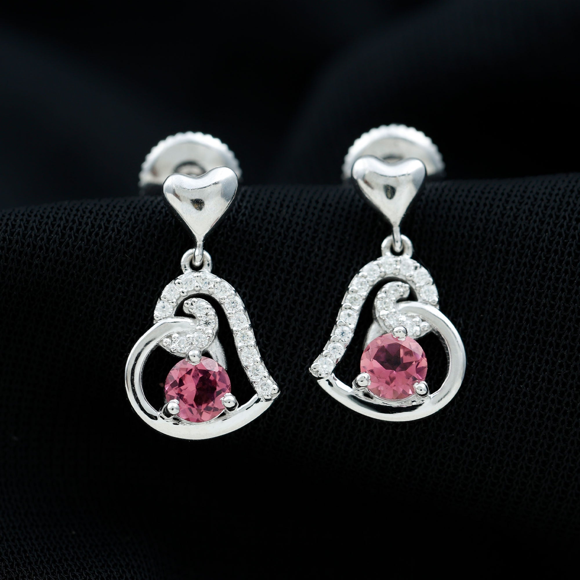 Real Pink Tourmaline and Diamond Heart Drop Earrings