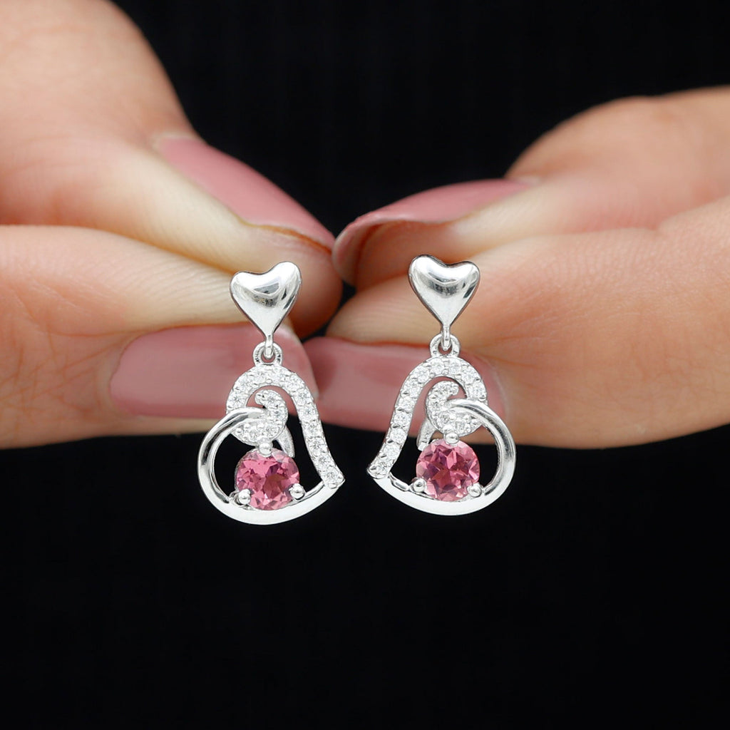 Real Pink Tourmaline and Diamond Heart Drop Earrings