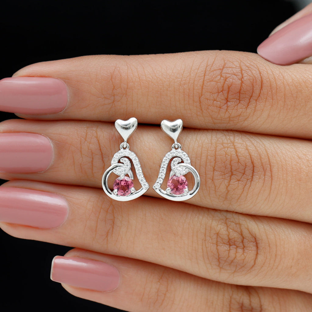 Real Pink Tourmaline and Diamond Heart Drop Earrings