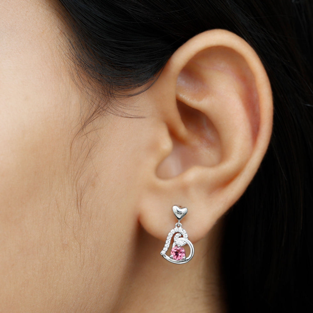 Real Pink Tourmaline and Diamond Heart Drop Earrings