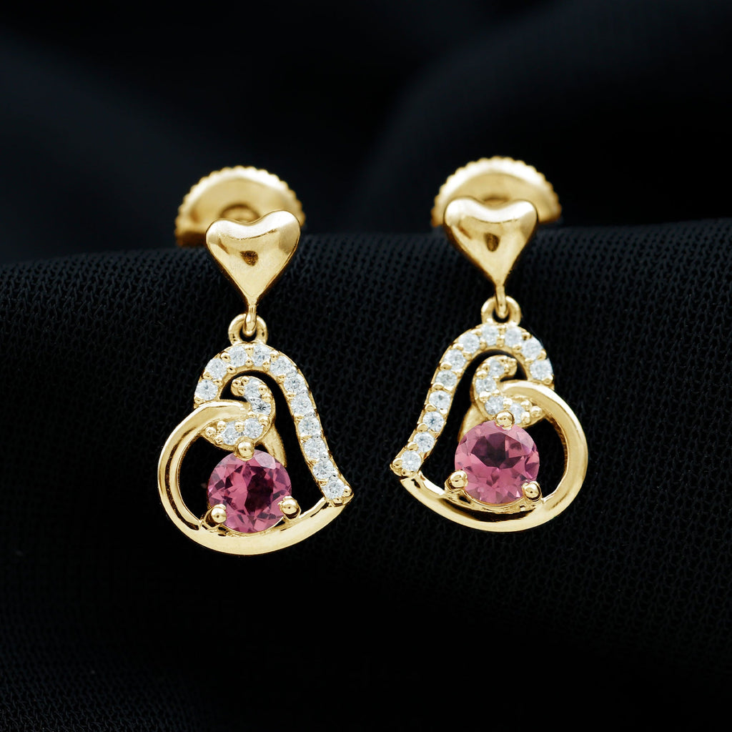 Real Pink Tourmaline and Diamond Heart Drop Earrings