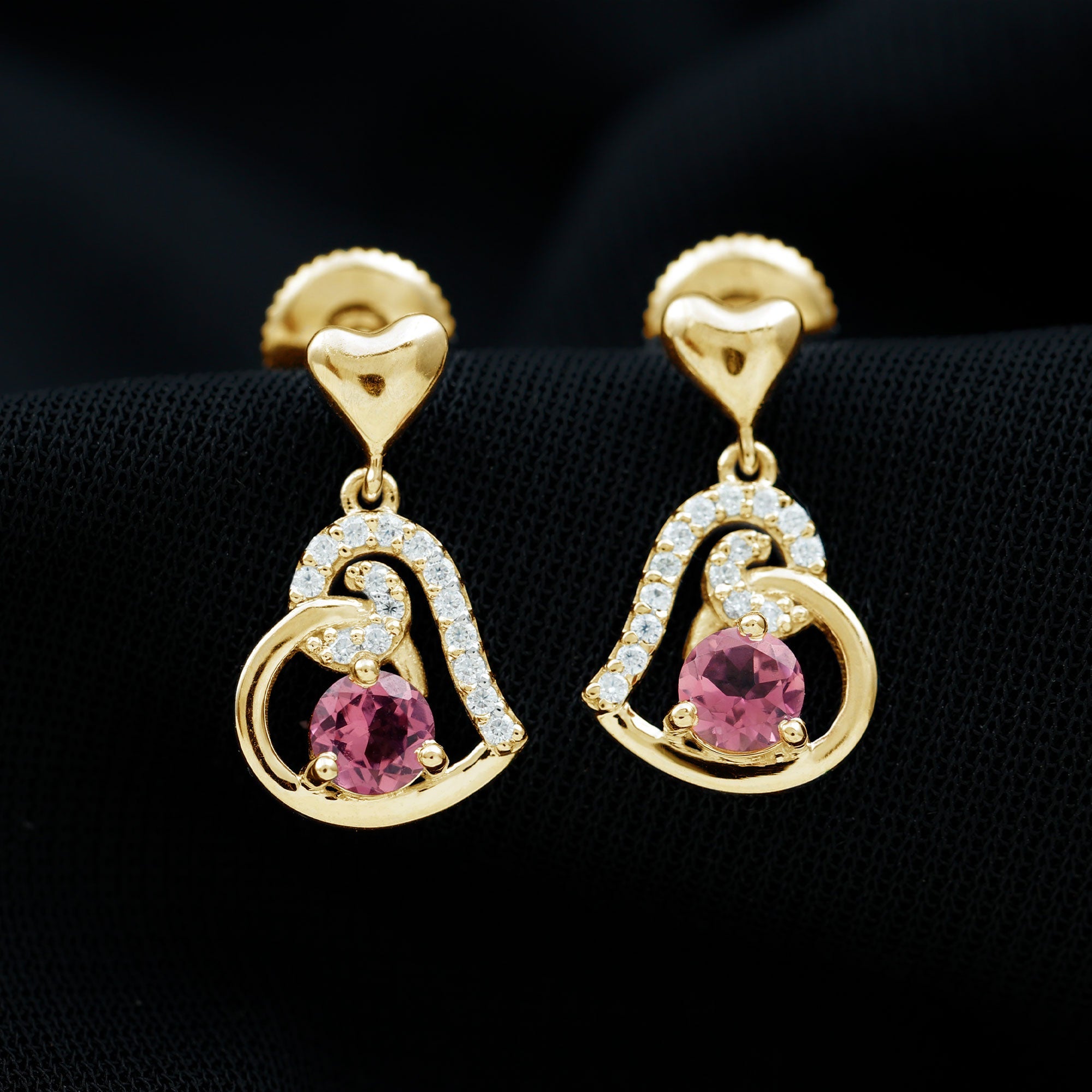 Real Pink Tourmaline and Diamond Heart Drop Earrings