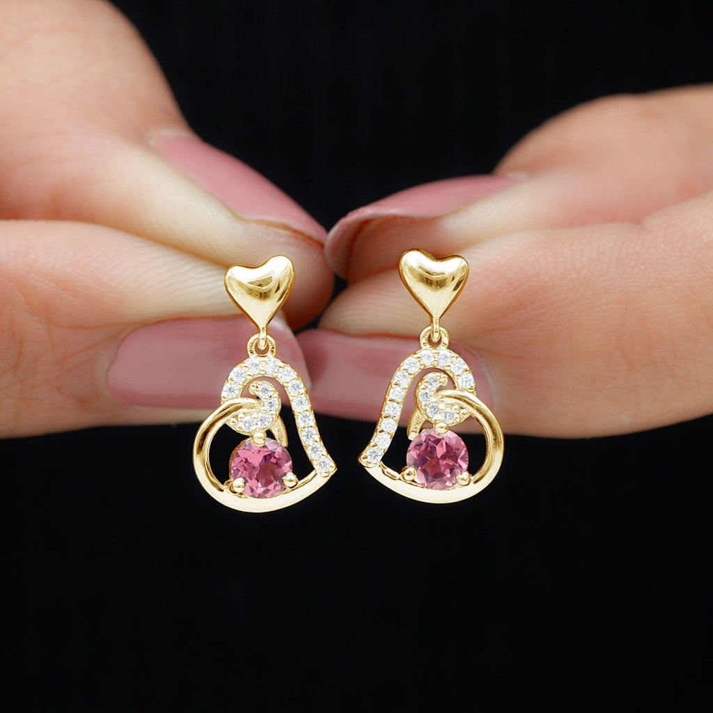 Real Pink Tourmaline and Diamond Heart Drop Earrings