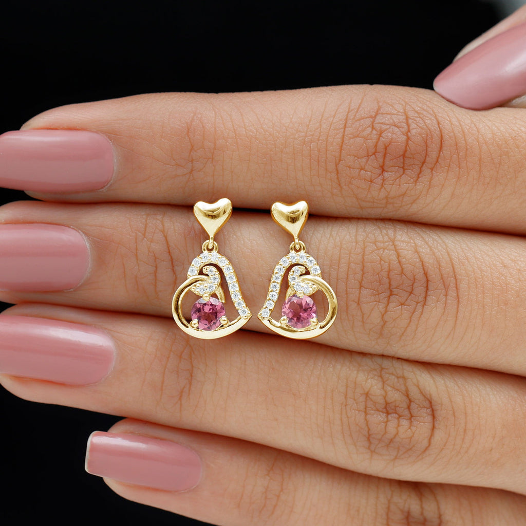 Real Pink Tourmaline and Diamond Heart Drop Earrings