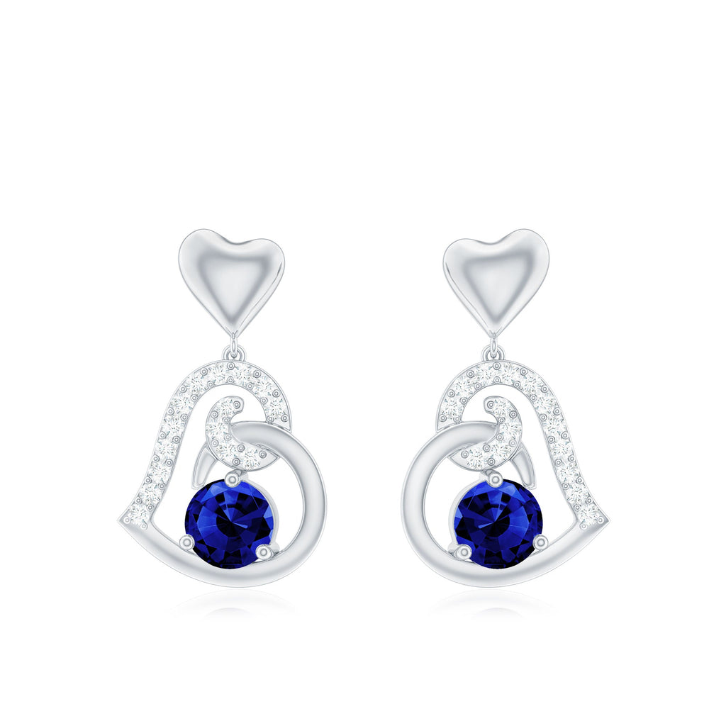 Created Blue Sapphire and Diamond Heart Drop Earrings