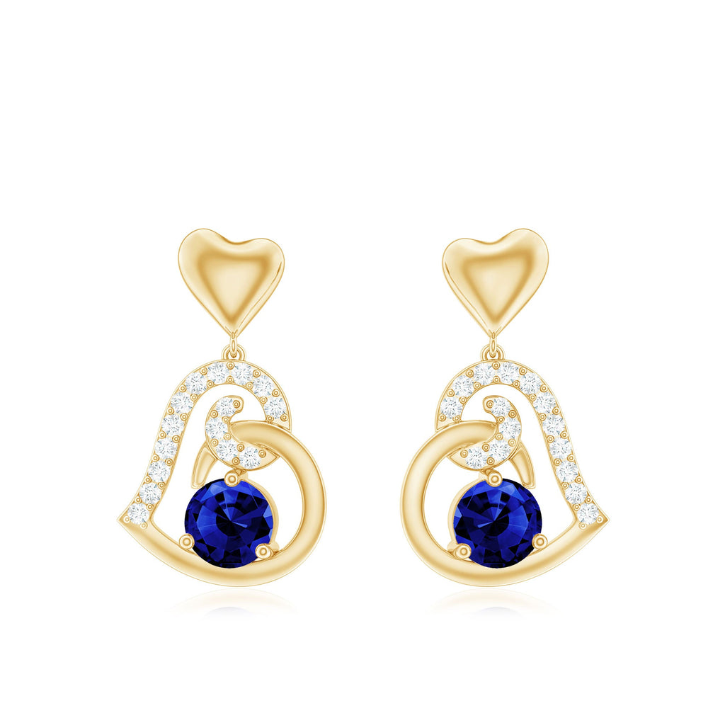 Created Blue Sapphire and Diamond Heart Drop Earrings