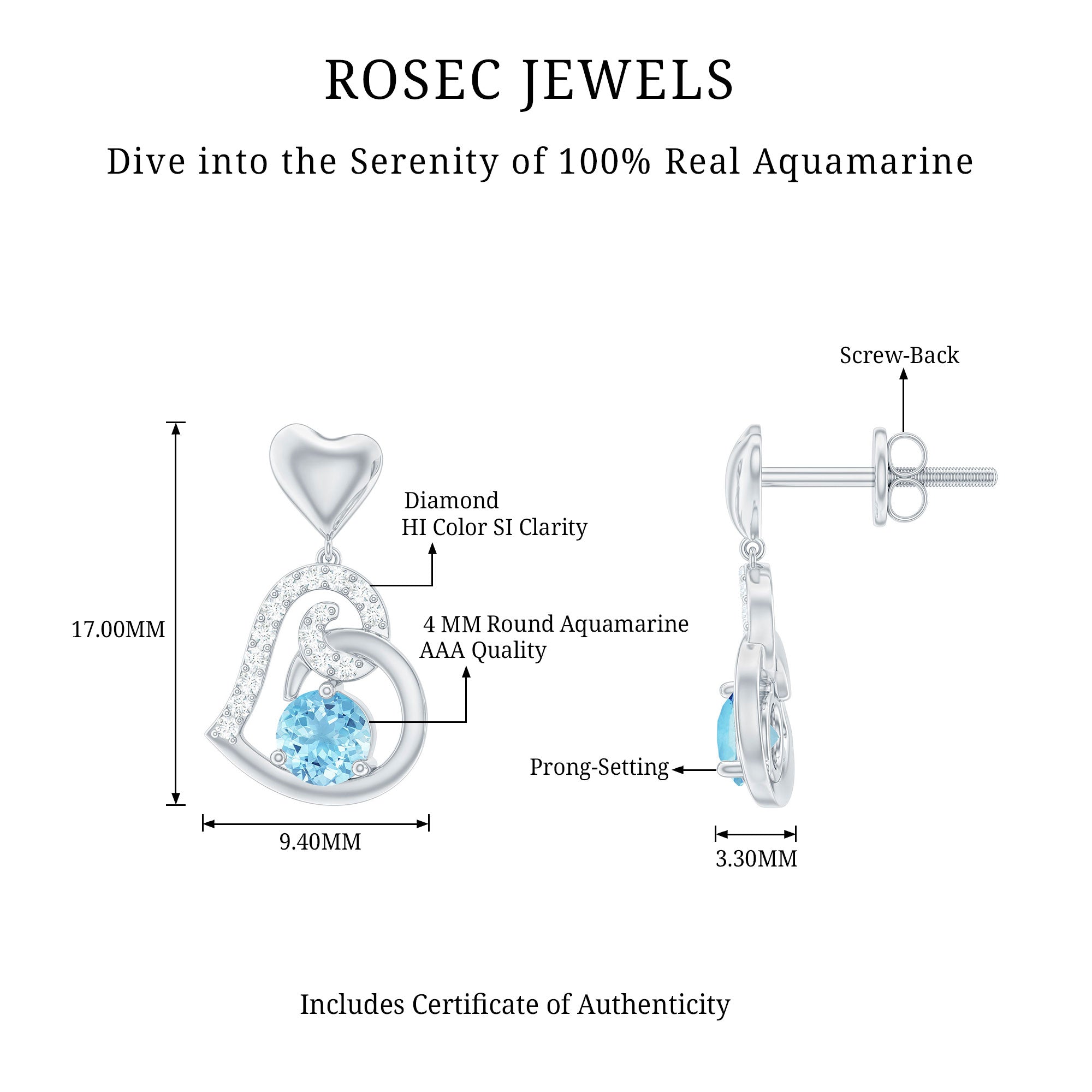 Natural Aquamarine Heart Drop Earrings with Diamond