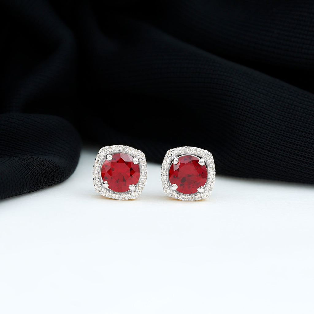2.75 CT Round Lab Grown Ruby Bridal Stud Earrings with Diamond