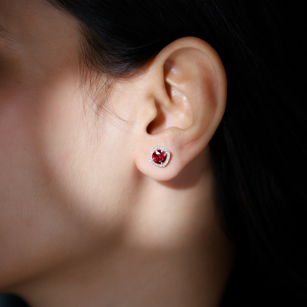 2.75 CT Round Lab Grown Ruby Bridal Stud Earrings with Diamond