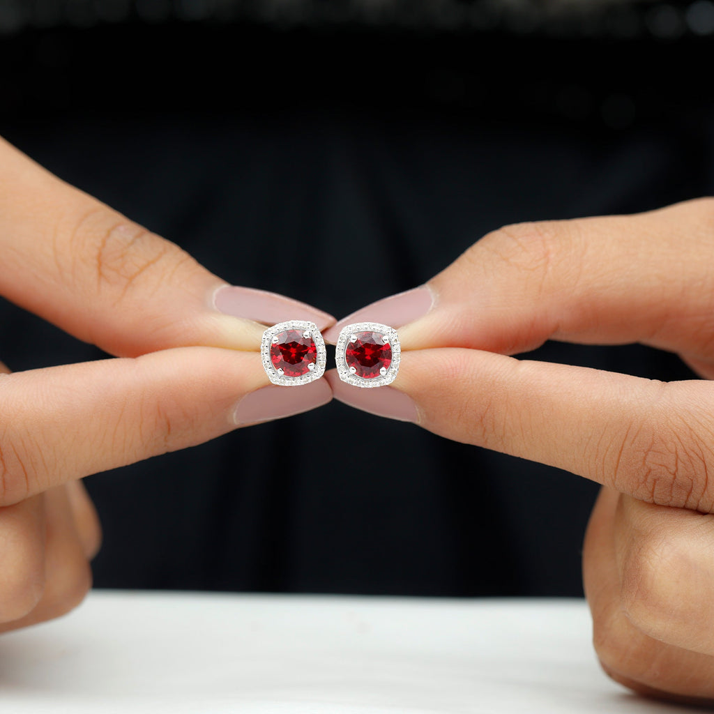 2.75 CT Round Lab Grown Ruby Bridal Stud Earrings with Diamond