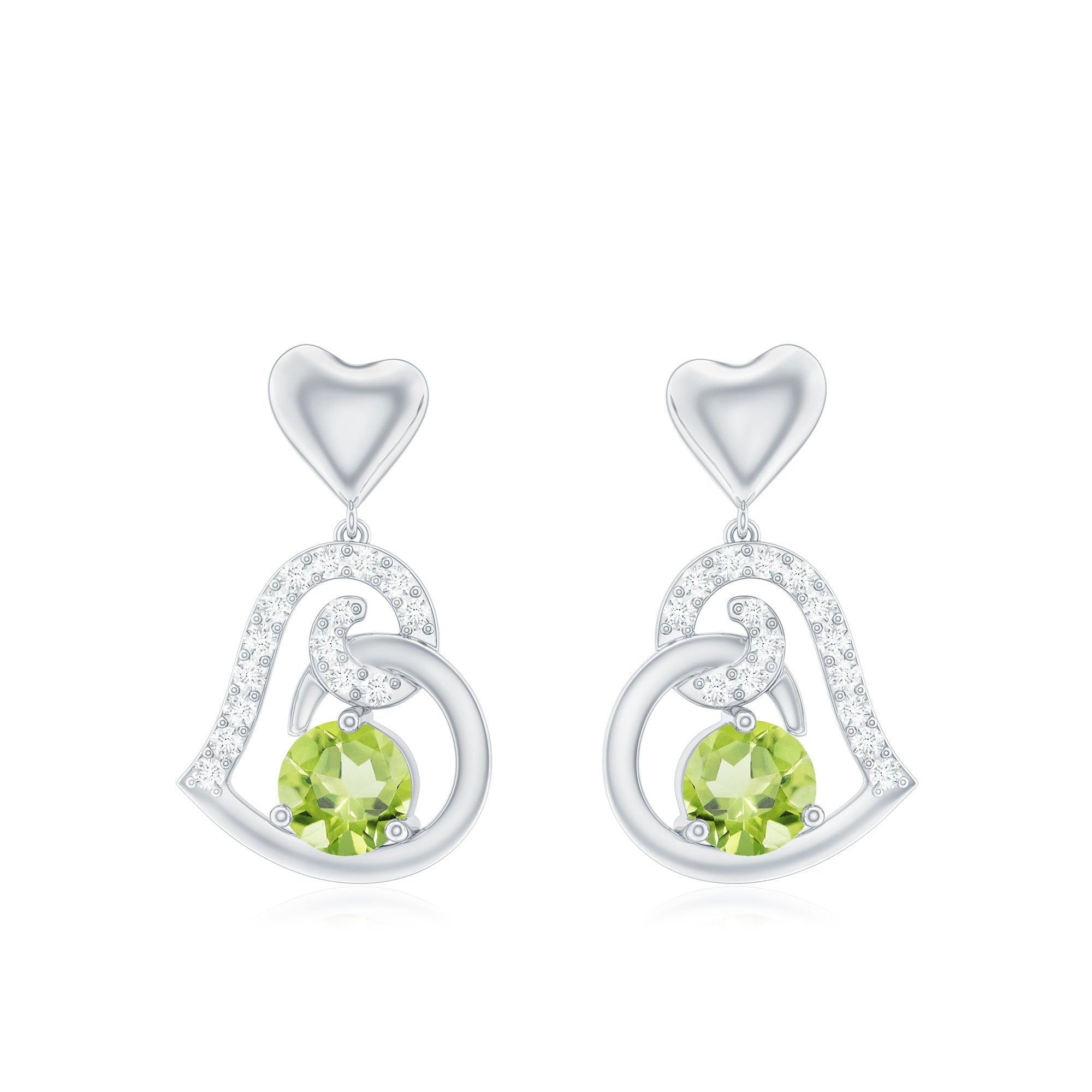 Solitaire Peridot Heart Drop Earrings with Diamond Accent