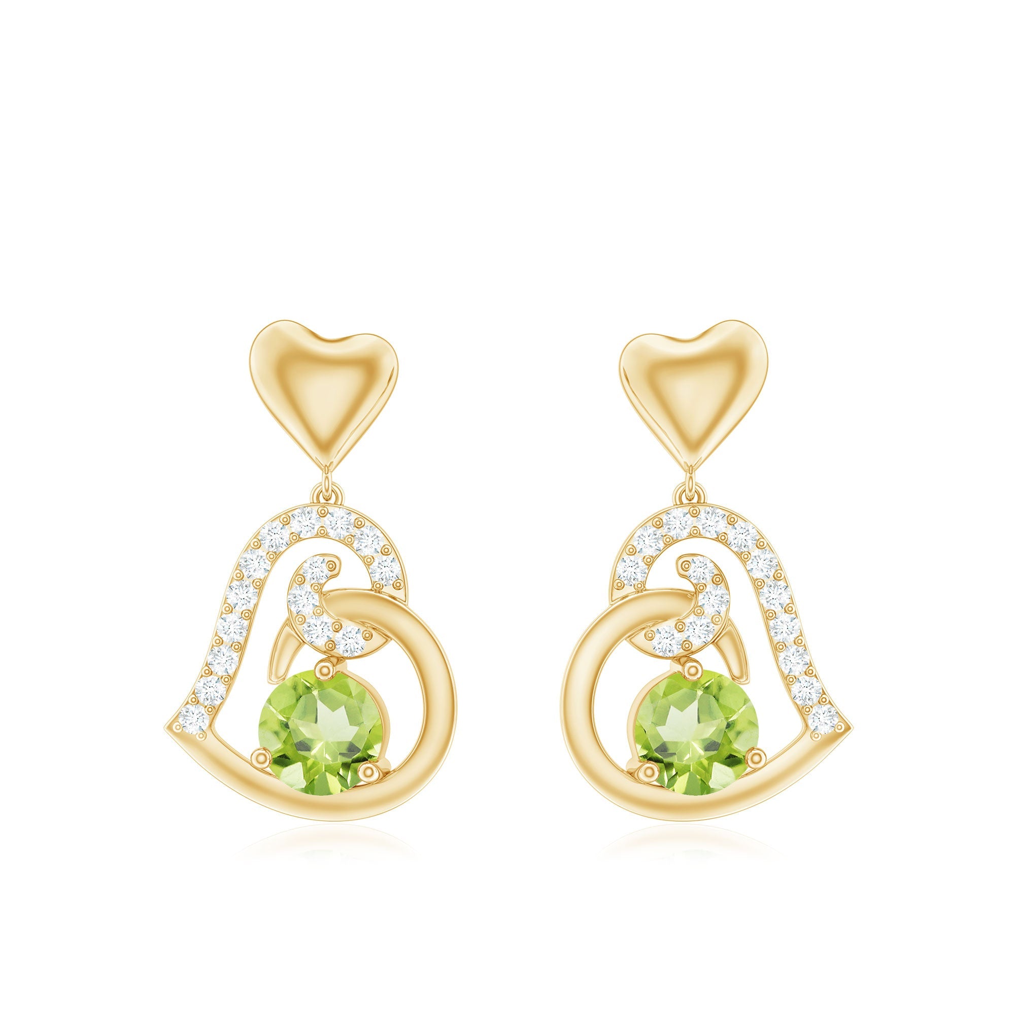 Solitaire Peridot Heart Drop Earrings with Diamond Accent