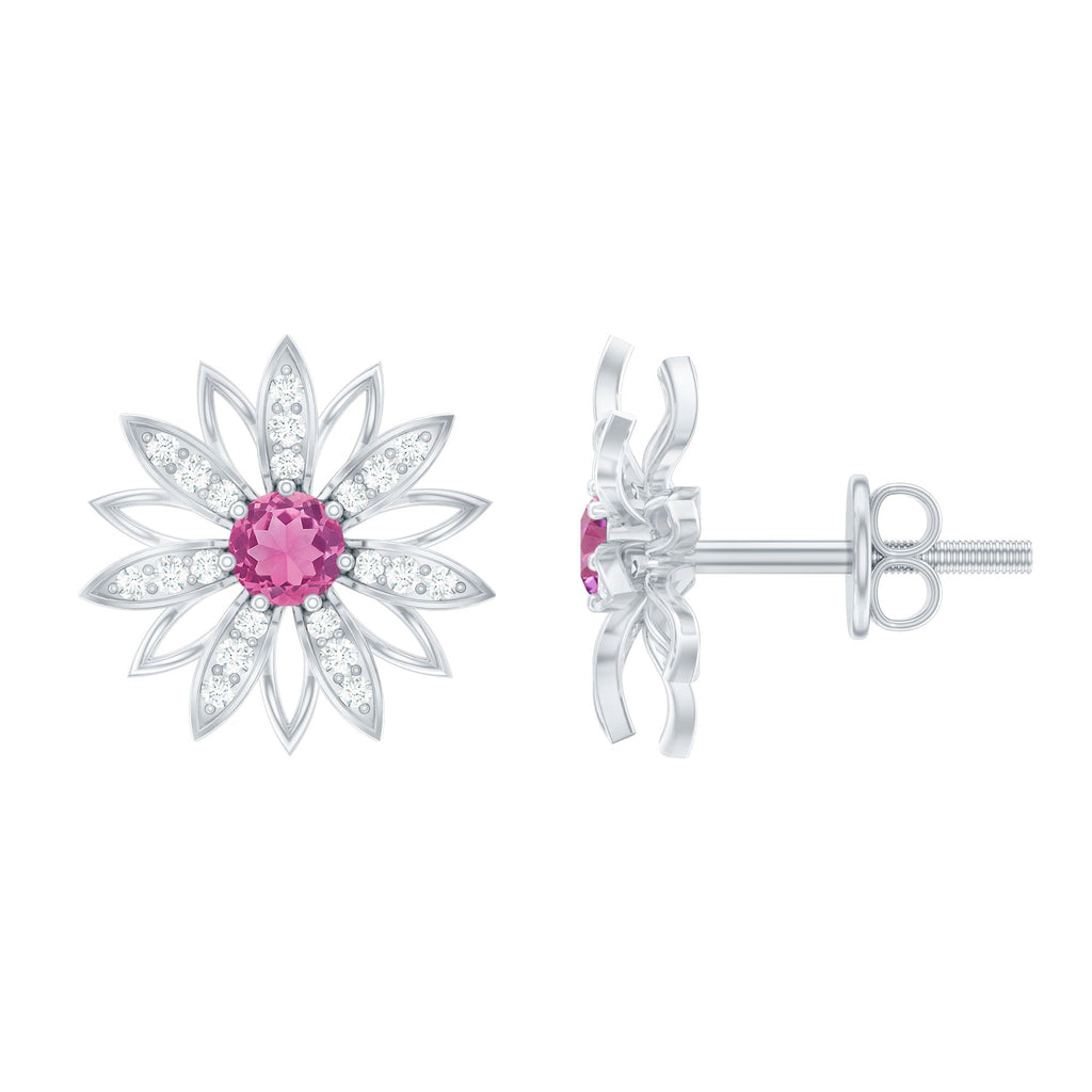 Round Pink Tourmaline Flower Stud Earrings with Diamond