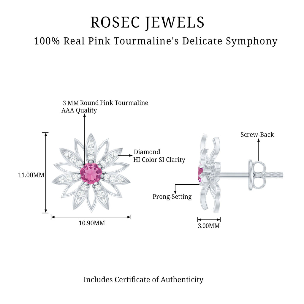 Round Pink Tourmaline Flower Stud Earrings with Diamond