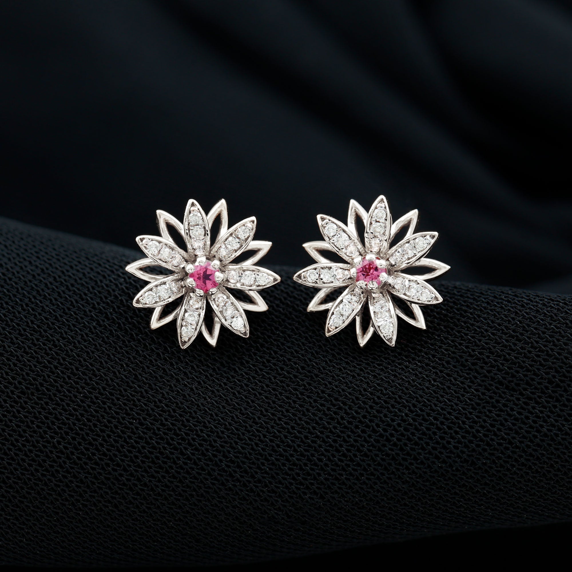 Round Pink Tourmaline Flower Stud Earrings with Diamond