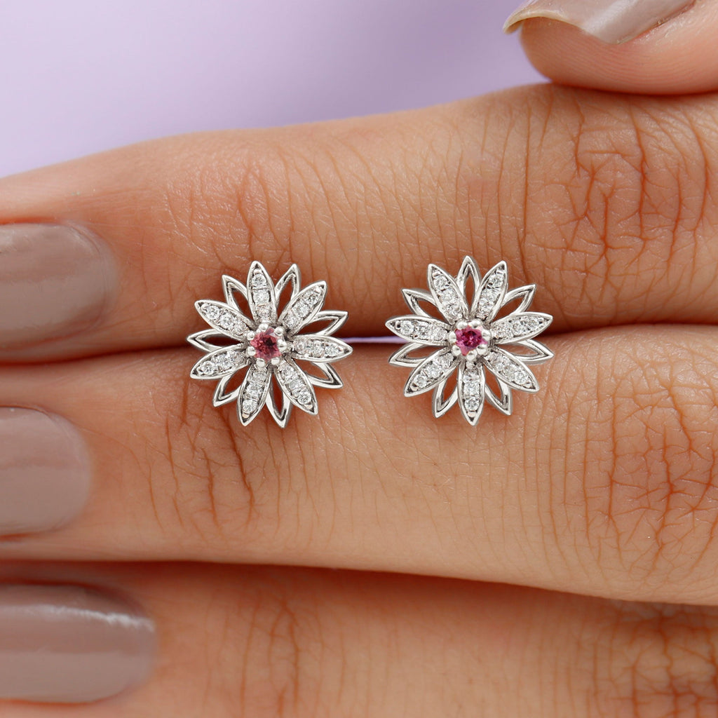 Round Pink Tourmaline Flower Stud Earrings with Diamond