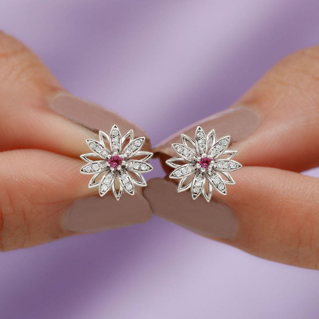 Round Pink Tourmaline Flower Stud Earrings with Diamond