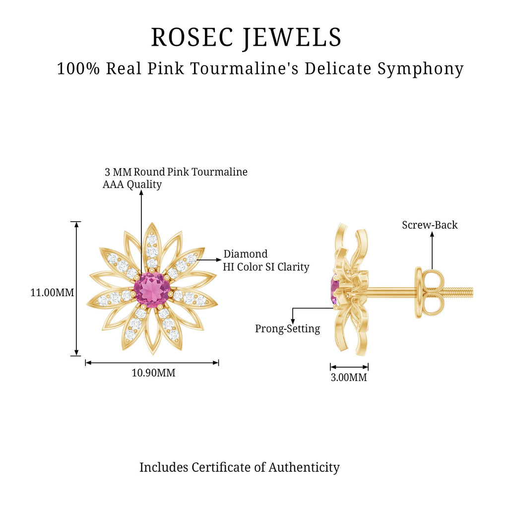 Round Pink Tourmaline Flower Stud Earrings with Diamond