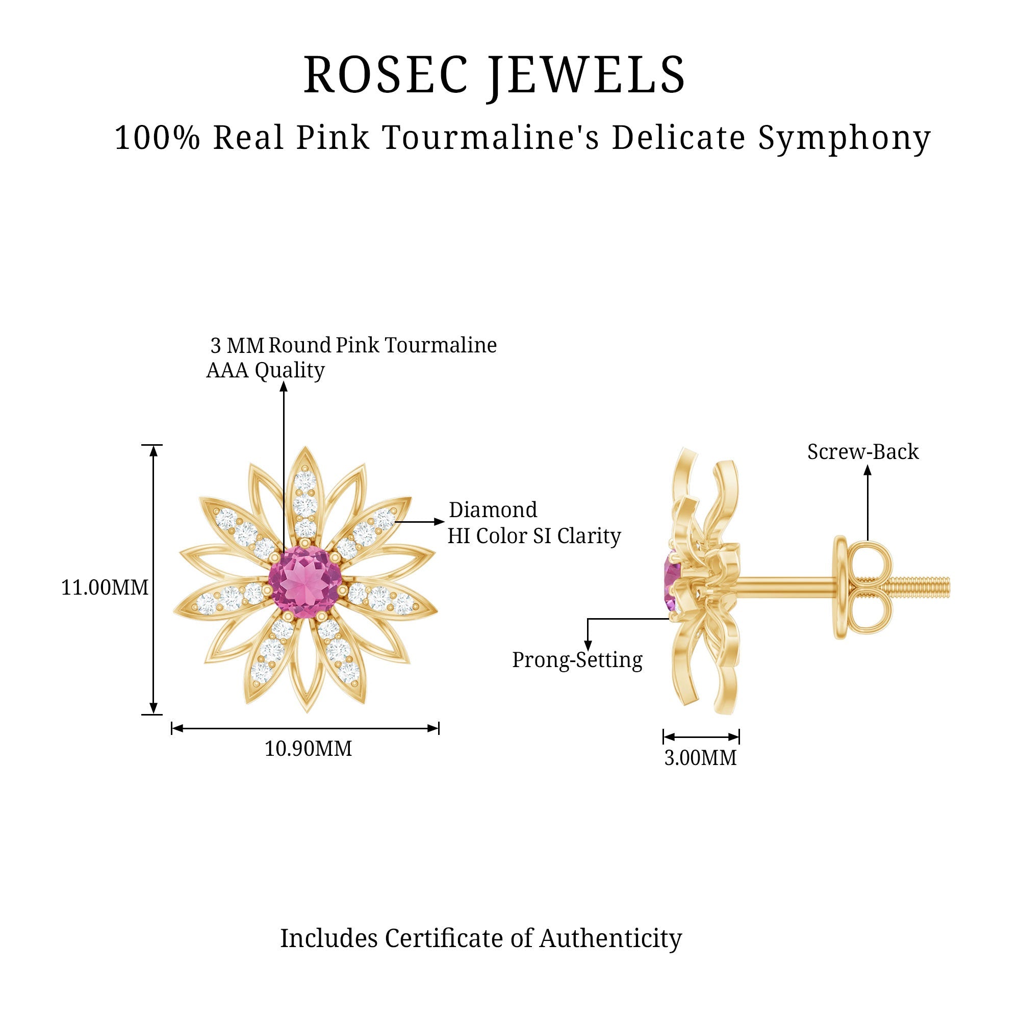 Round Pink Tourmaline Flower Stud Earrings with Diamond