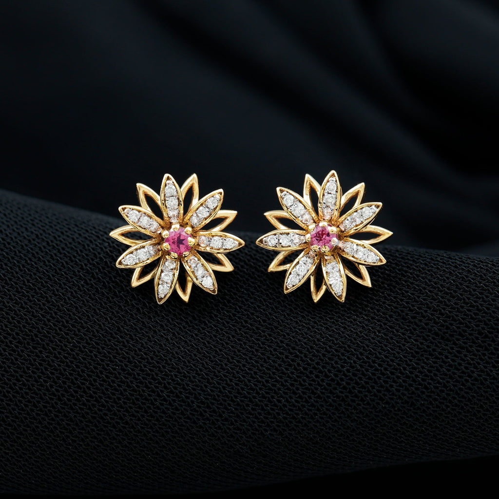 Round Pink Tourmaline Flower Stud Earrings with Diamond